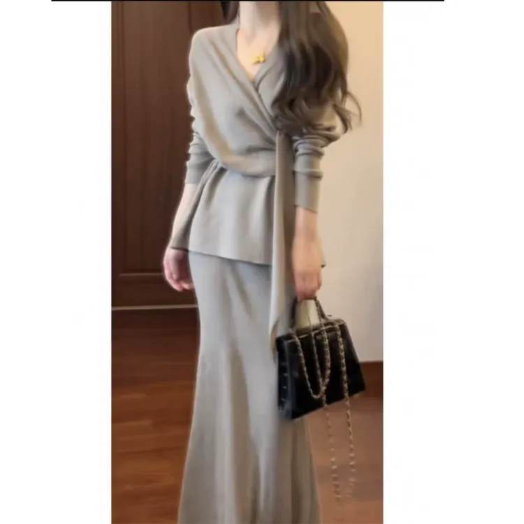 韩系气质修身系带针织上衣半裙套装裙2024新款女装秋冬搭配一整套