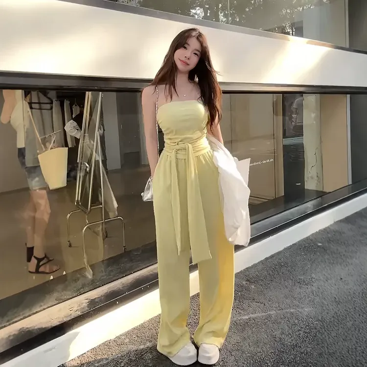 夏季韩系时尚套装女辣妹修身气质黄色抹胸上衣休闲阔腿裤子两件套
