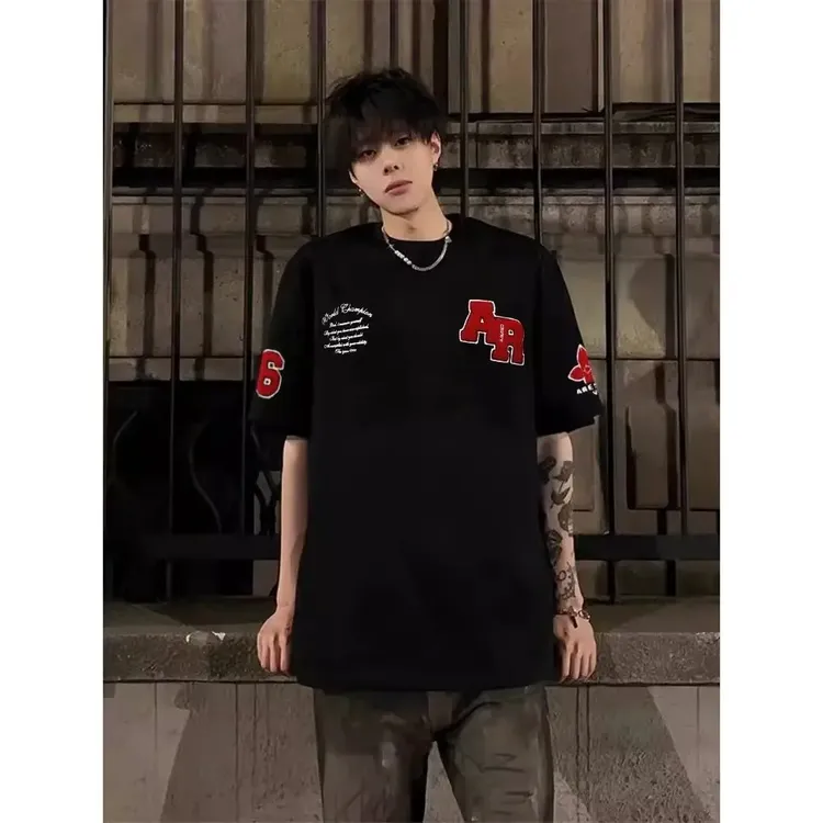 国潮牌美式街头重工字母刺绣短袖T恤男女款潮夏季宽松情侣上衣服