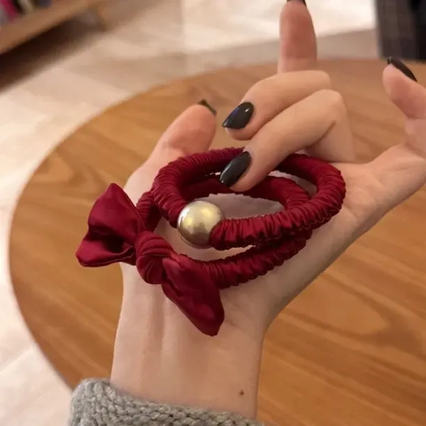 2根装 高级感红色缎面珠珠发圈女高弹力扎头绳新年发饰