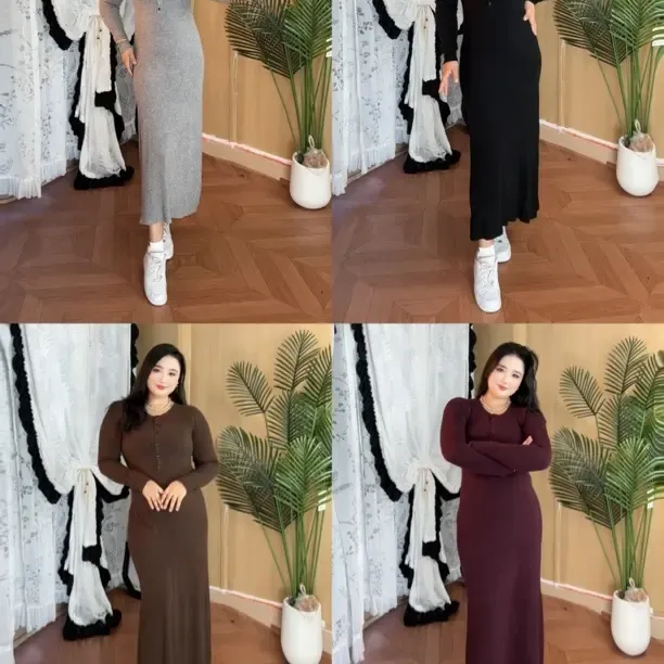 绵长袖纯色打底修身显瘦连衣裙