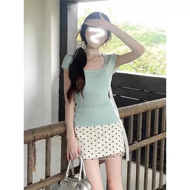 小飞袖薄荷曼波绿色方领针织短袖女t恤夏季薄款百搭无袖短款上衣