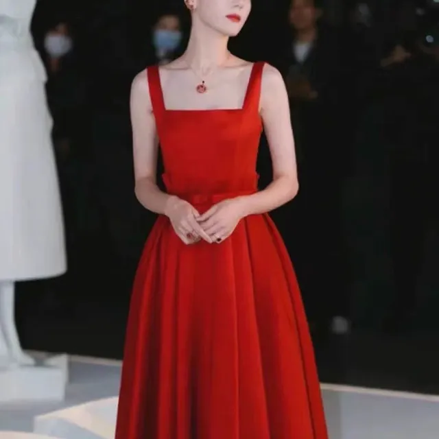 Capacity Kiss 迪丽热巴明星同款红色敬酒服订婚礼服平时可穿裙子