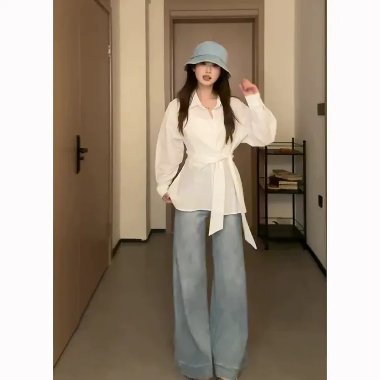 大码胖法式纯色百搭衬衫女春季设计感气质小众收腰绑带衬衣上衣