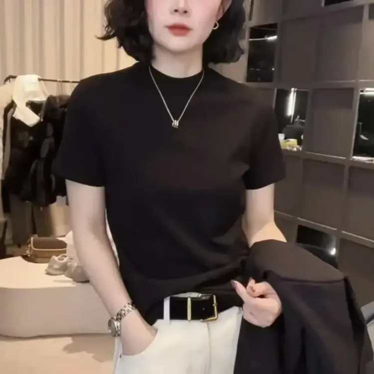 2025早春新款爆款短袖t恤女款圆领设计感时尚百搭气质显瘦上衣女