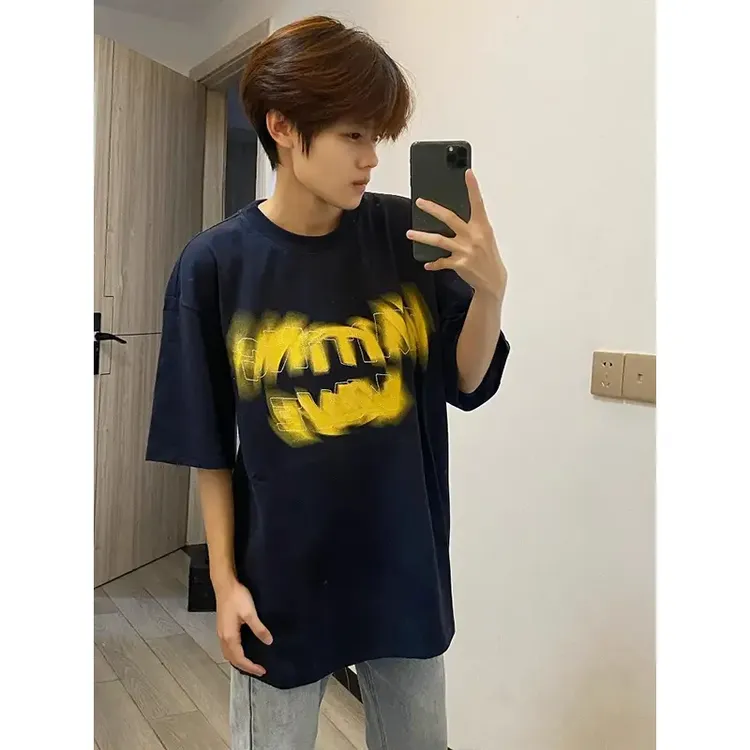 美式潮牌藏青色字母印花圆领短袖T恤男夏季2025夏季重磅半袖上衣