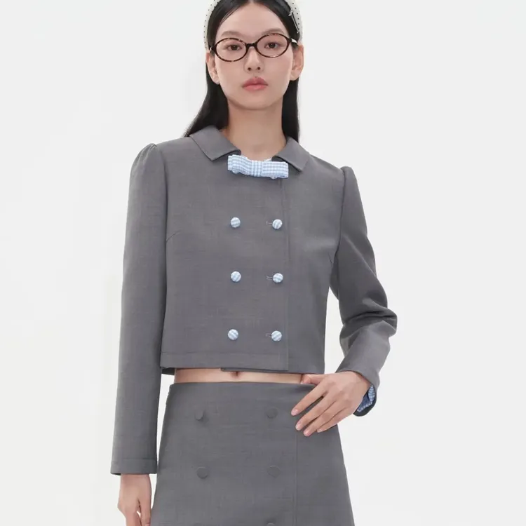 HERLIAN2025年秋季新品女士短外套格纹拼色设计蝴蝶结装饰