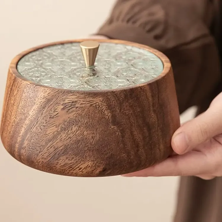 胡桃木带玻璃盖圆钵多功能坚果盒水果盒家用收纳盒