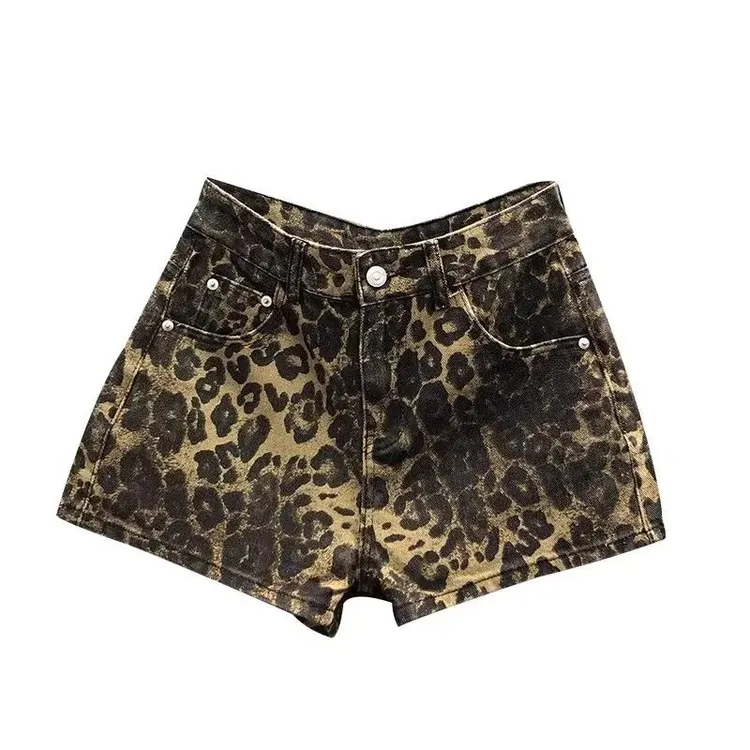 小个子豹纹牛仔短裤女夏季新款直筒宽松显瘦百搭A字外穿阔腿热裤