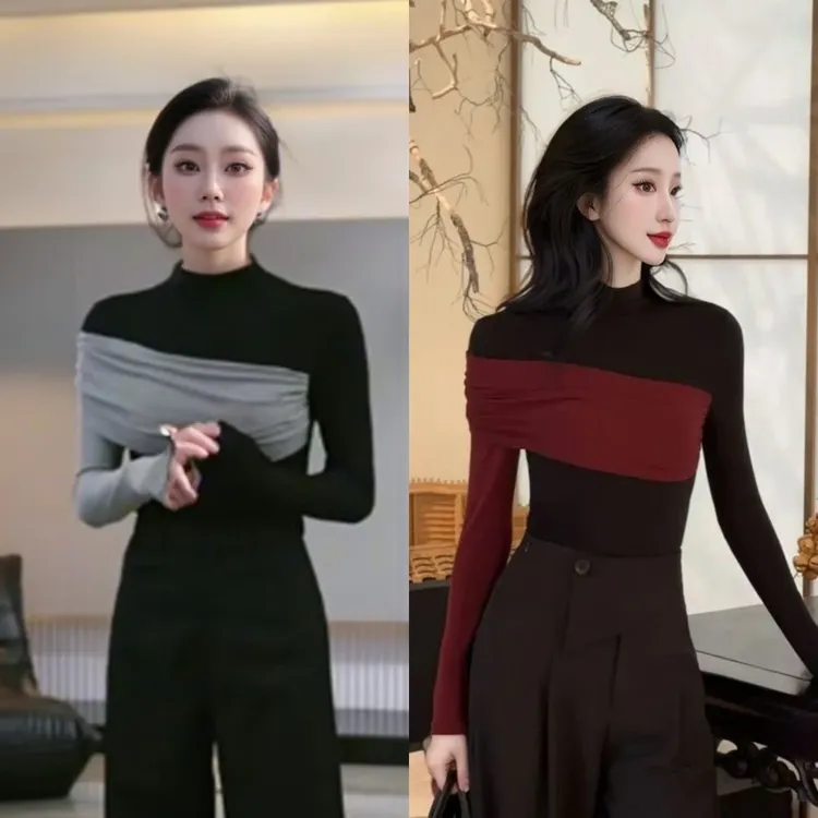 半高领拼接撞色长袖打底衫女秋冬季洋气修身显瘦T恤大衣内搭上衣