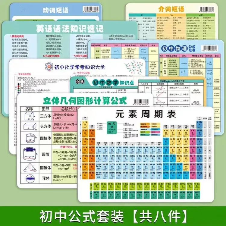初中化学元素周期表数学物理知识化学方程式大全数理化公式卡学生