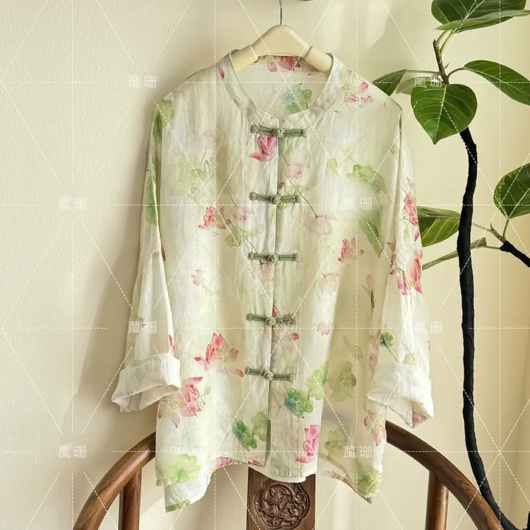 【禅意荷花】夏季国风苎麻印花中式盘扣开衫防晒服52282