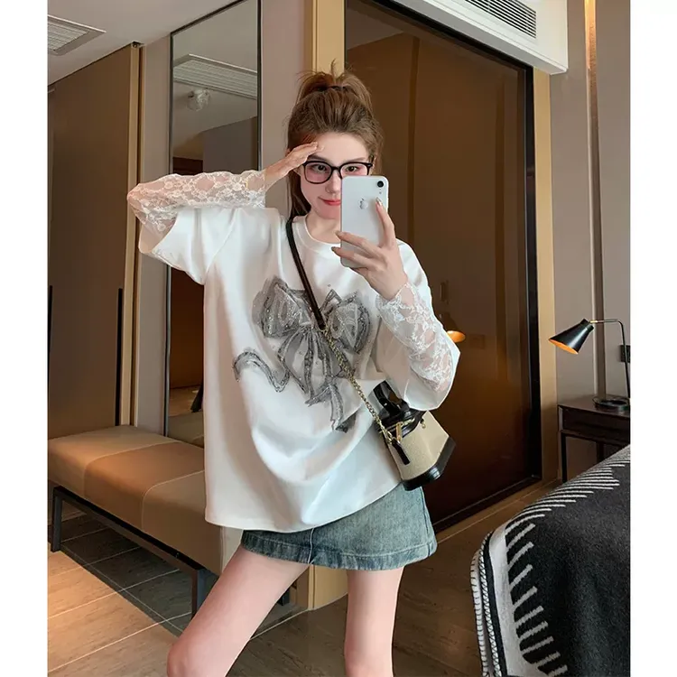 白色假两件长袖t恤女夏季2025新款欧货宽松蝴蝶结拼接短袖上衣服