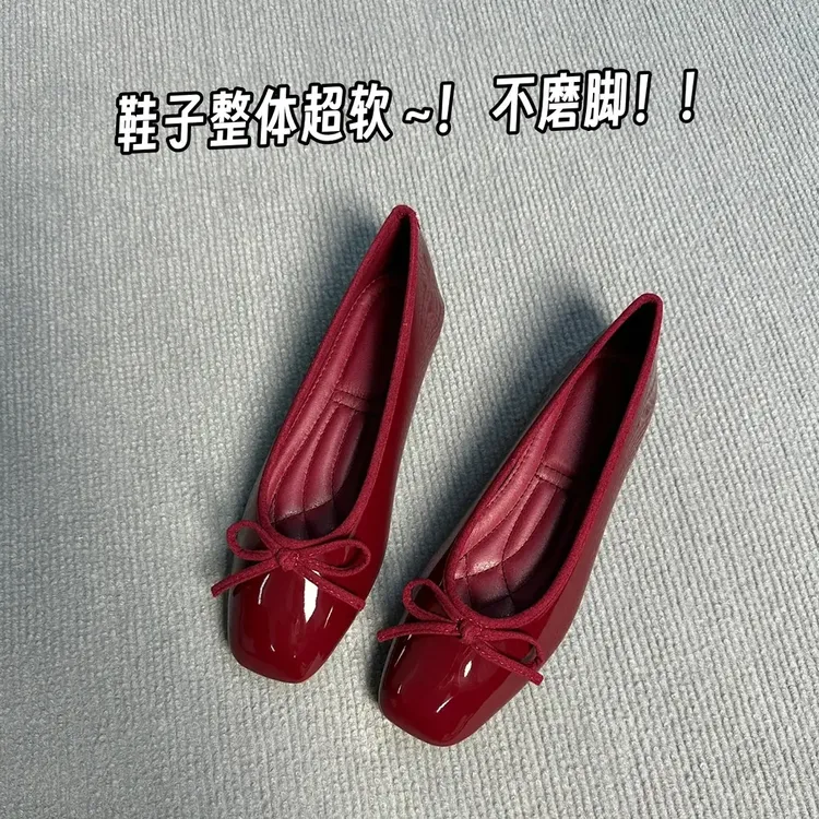 2025芭蕾舞蝴蝶结新款方底红色单鞋香风浅口百搭女鞋春秋