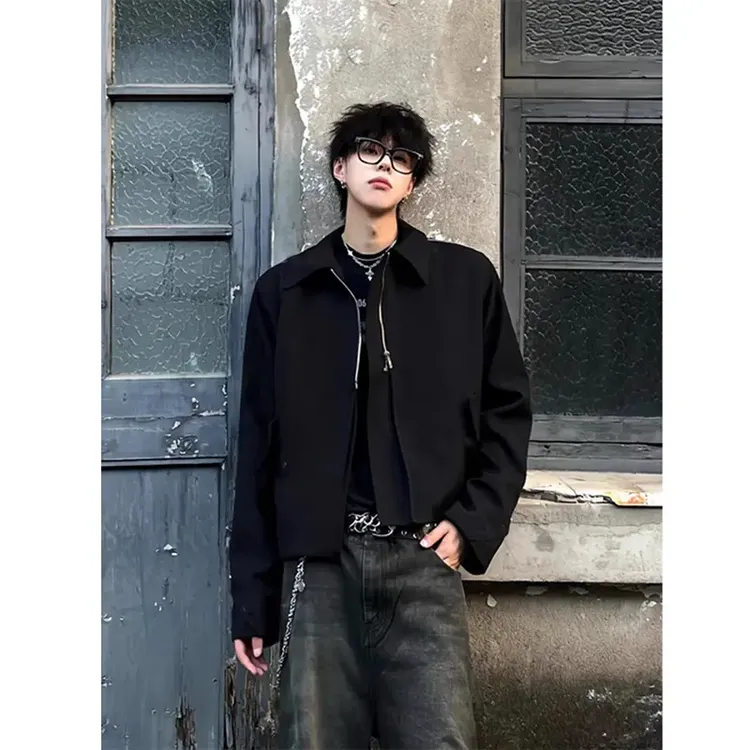 美式cleanfit黑色短款外套男痞帅翻领正肩设计感小众高级感夹克潮