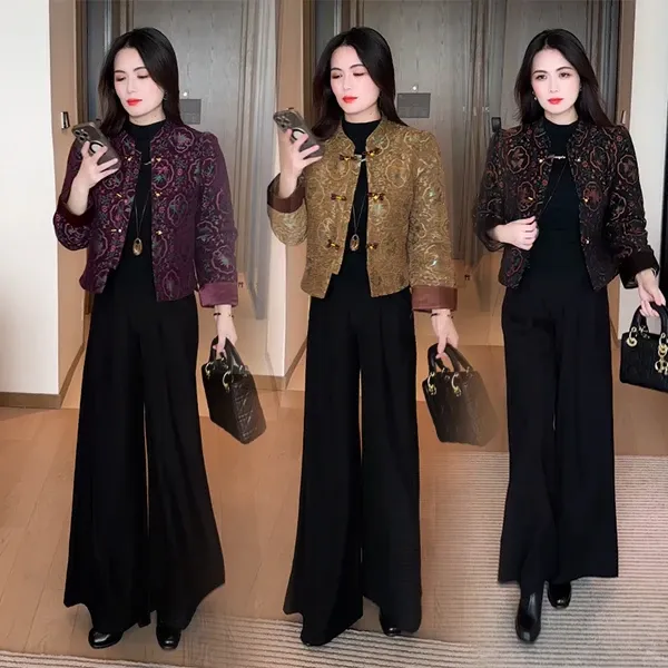 2025秋冬新款新中式穿搭时尚气质洋气国风提花夹棉棉服短外套103