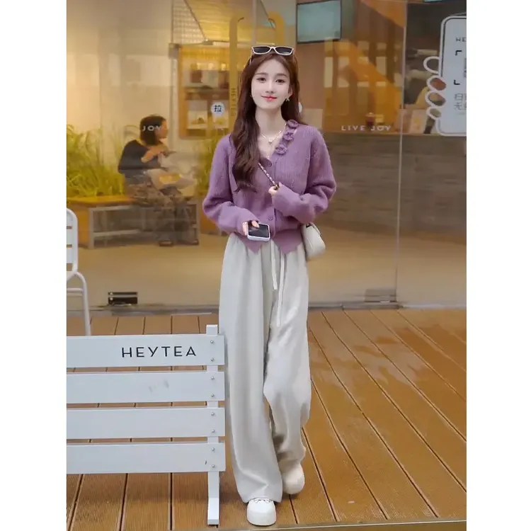 春秋韩系温柔开衫千金感亮眼超好看针织上衣休闲炸街阔腿裤套装女