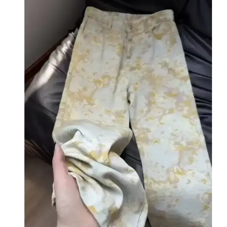 春季裤子男款中高腰显瘦提花直筒牛仔裤美式高街vibe提档微喇叭裤