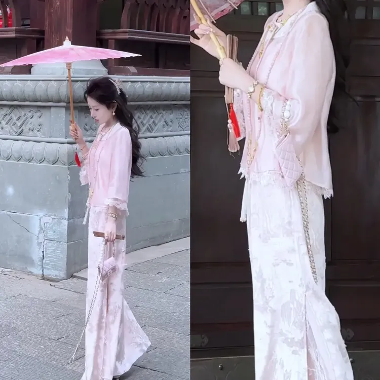 《三生三世》国风蕾丝阔腿裤子女装新款拼接百搭休闲外穿粉色长裤潮