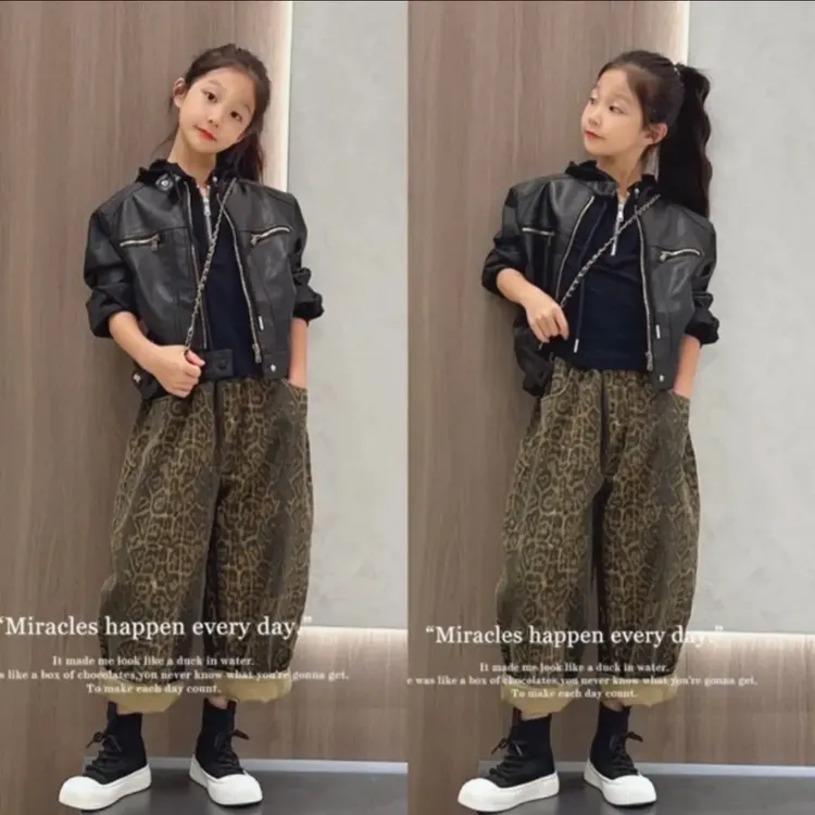 女童皮衣外套春秋款2025新款卫衣儿童秋装炸街皮夹克豹纹裤三件套