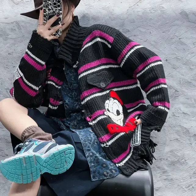 秋冬百搭女士宽松休闲时尚复古长袖慵懒风开衫外套毛衣8180