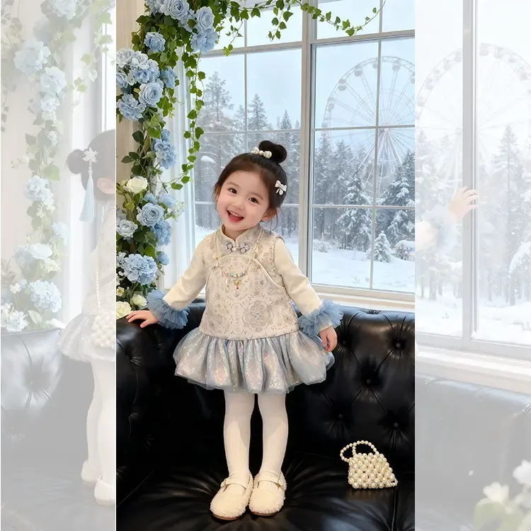 女童国风夹棉连衣裙洋气冬装周岁礼服2025新款小童女宝宝两件套潮