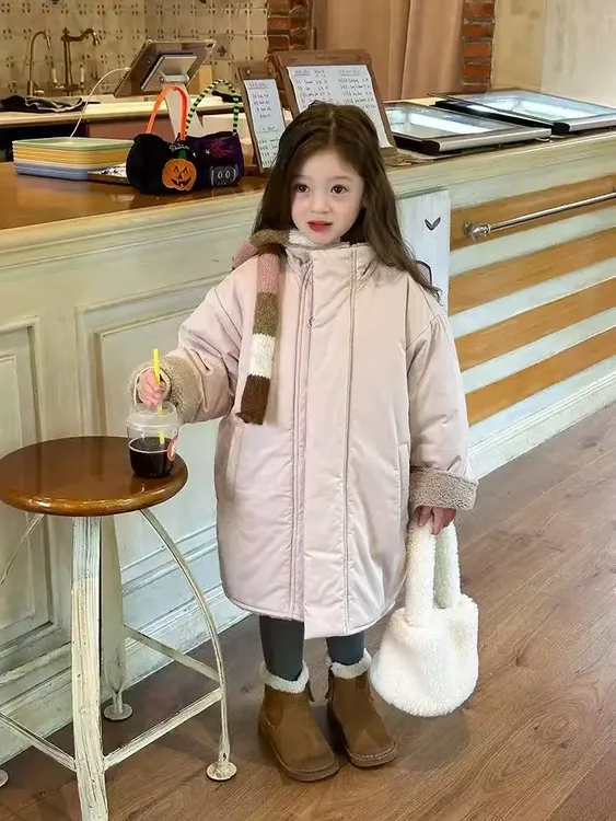 2025冬季新款童装韩版童装女童中长款夹棉加绒外套棉服加厚版