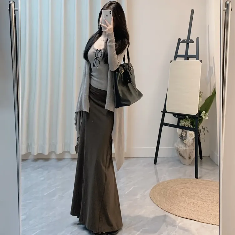 纸片人穿搭 气质针织衫开衫掐腰背心百搭鱼尾显瘦半身裙