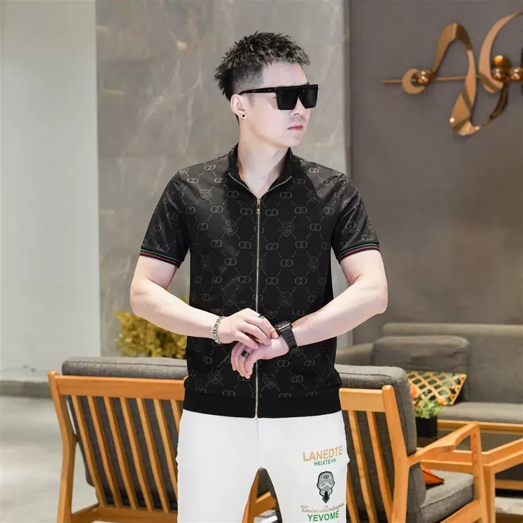 男士高端欧货立领拉链开衫冰丝凉感短袖帅气小香风上衣潮GL77606