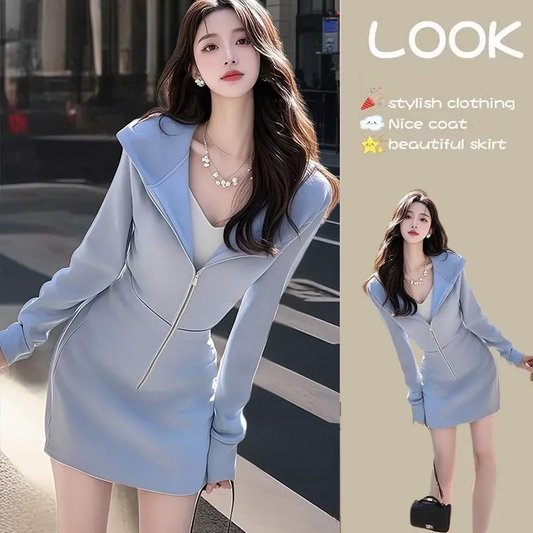 小个子爆款卫衣短款连衣裙2025年早春新款春季蓝色高级感裙子女装