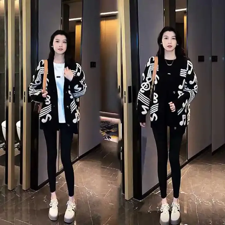 秋冬季毛衣开衫外套黑色长袖上衣外套潮慵懒风时尚中长款针织衫女