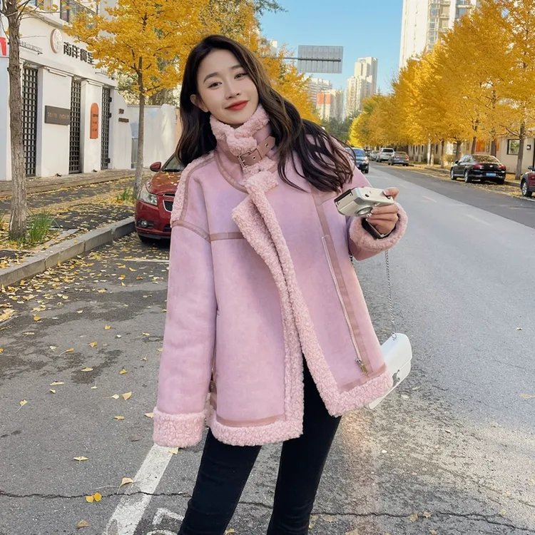 ZB172-9023冬装加厚款粉色毛毛外套韩系甜妹学院建立春季外套气质