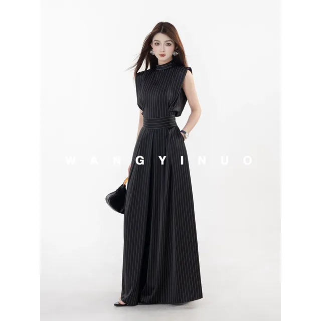 MD依诺【轻纱格纹】2025夏季气质时尚百搭条纹无袖上衣休闲裤套装