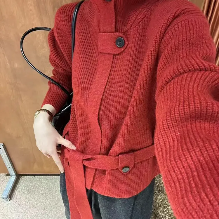 秋冬时尚宽松百搭高领长袖针织开衫毛衣外套