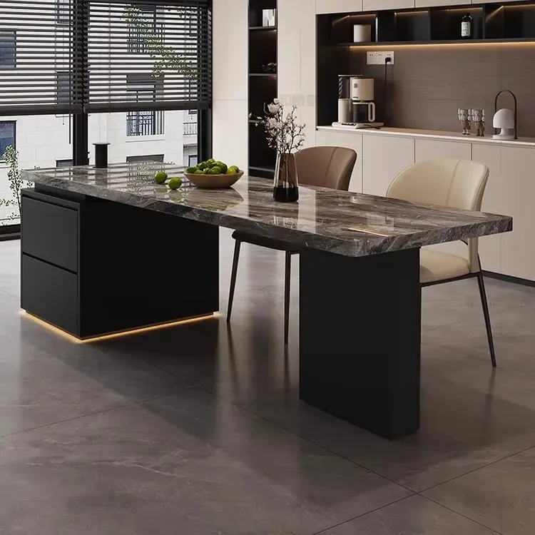 齐平岛台餐桌一体奶油风实木岩板家用倒台意式厨房导台多功能吧台