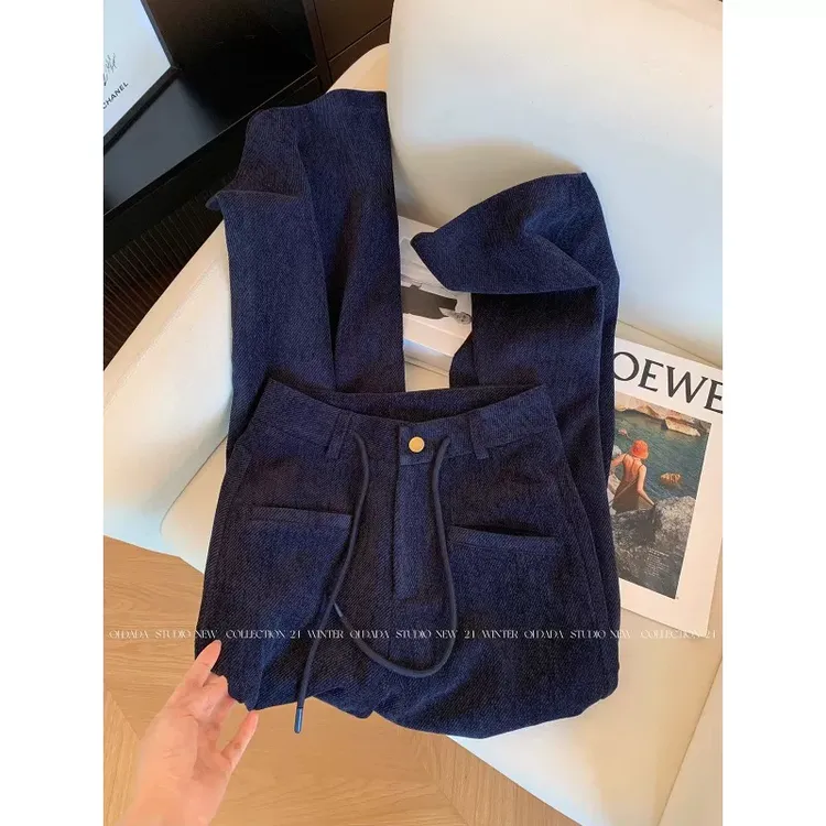 复古藏蓝色灯芯绒直筒裤女秋冬款抽绳休闲阔腿裤高腰梨型显瘦长裤