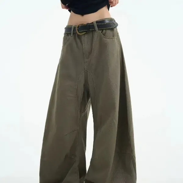 2025早春新款美式复古美拉德廓形阔腿弯刀牛仔裤男女褶皱宽松裤