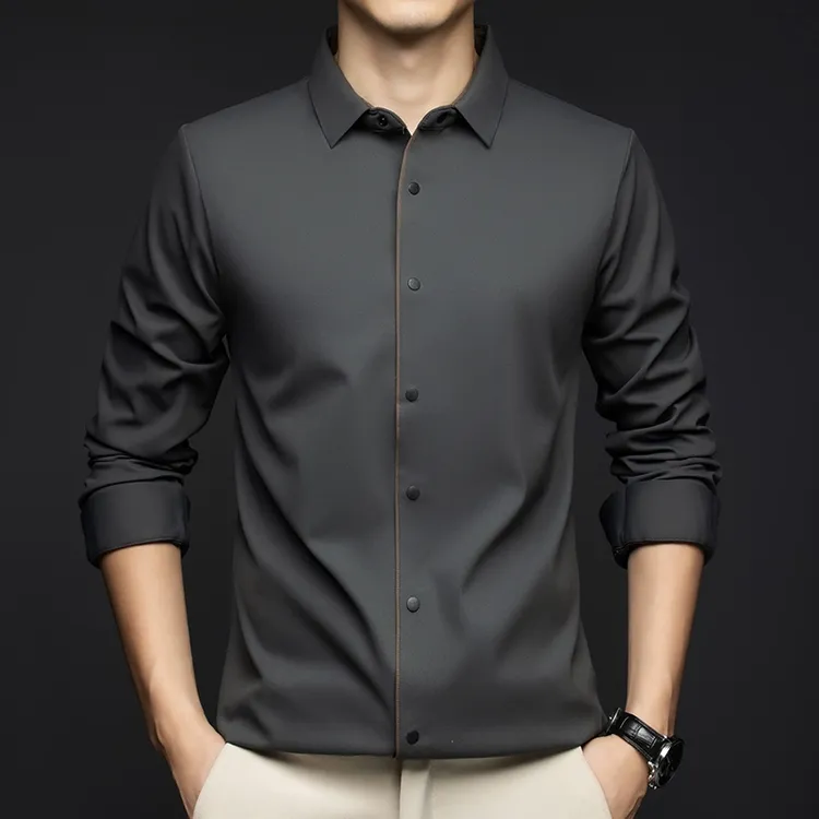 新款纯色长袖衬衫男士修身免烫上衣2025春秋季新款商务休闲衬衣男