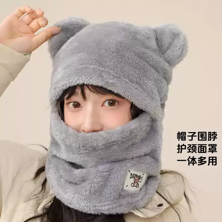 秋冬季包暖毛绒帽子女围脖防风骑行车加厚保暖帽子两用护颈脖套