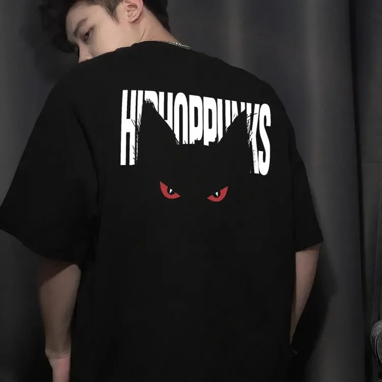 国潮牌美式恶魔猫咪印花重磅纯棉短袖T恤夏季高街vibe男女上衣