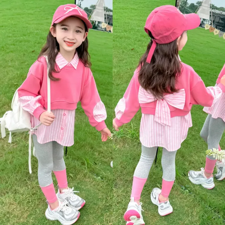 女童洋气春装套装2025新款儿童韩版长袖衬衫卫衣加打底裤两件套