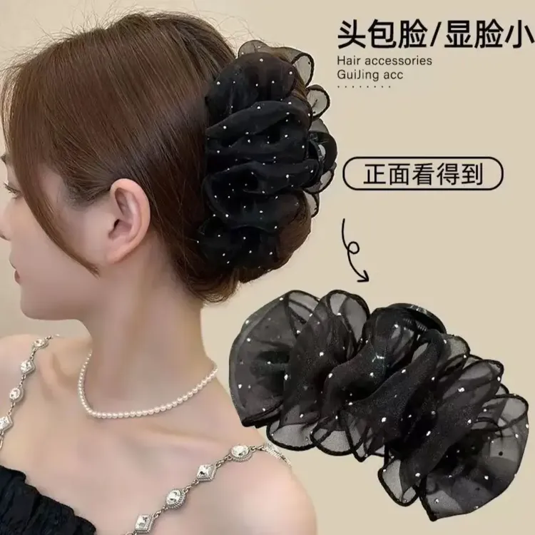2025新款时尚甜美百搭蓬松女孩云朵泡泡满钻抓夹宽边