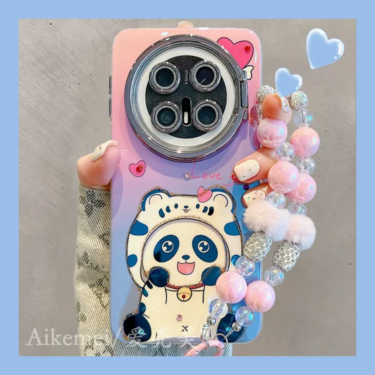 适用华为mate70pro+手机壳蓝光卡通可爱mate60pro+渐变熊猫链条女