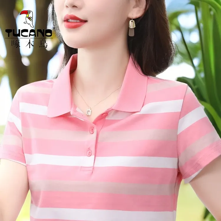 啄木鸟正品条纹短袖t恤女翻领中年妈妈休闲显瘦减龄大码运动上衣