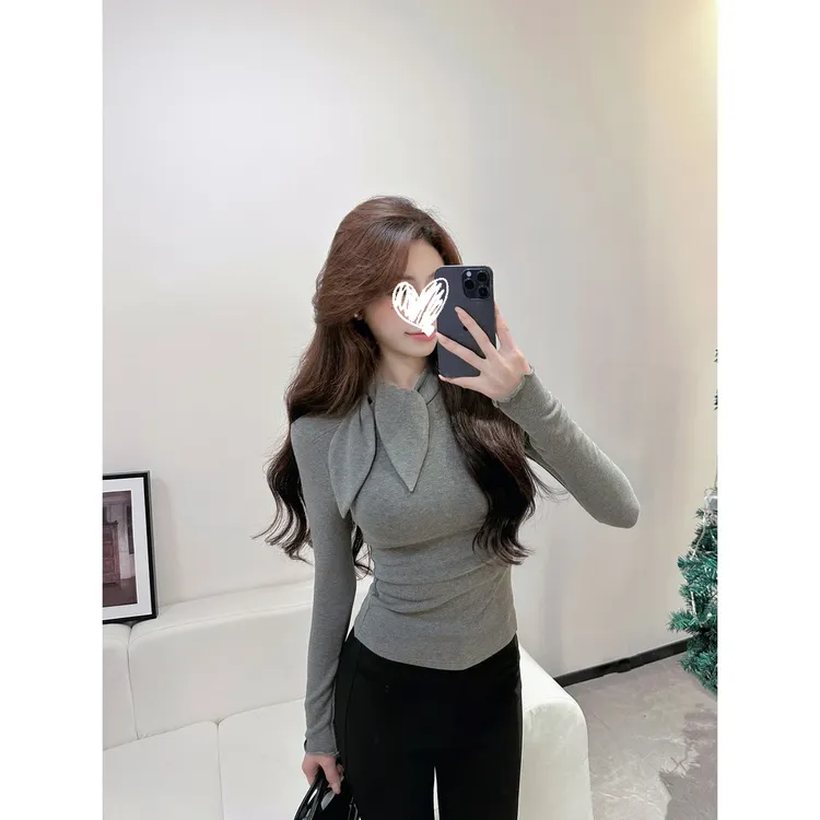 【冬日暖阳】高级感纯欲长袖T恤女秋冬磨毛修身显瘦内搭系带打底衫