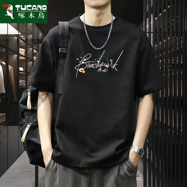 啄木鸟复古短袖夏季潮牌宽松纯棉简约字母印花ins美式时尚休闲男