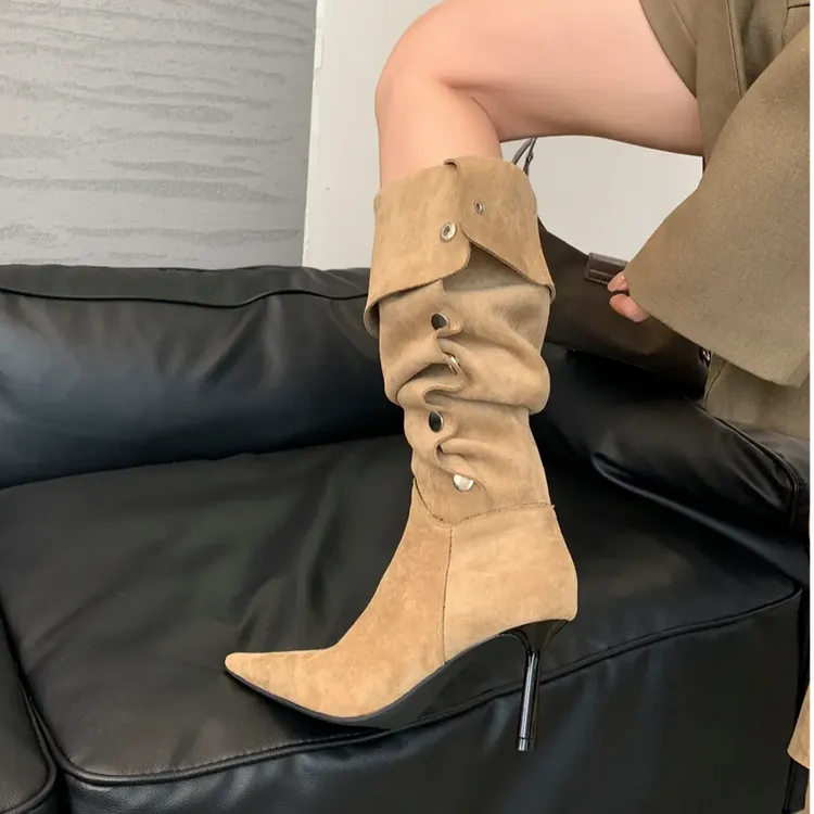 一鞋三穿～尖头细跟高跟过膝长筒靴女2025秋季新款软皮绒面堆堆靴