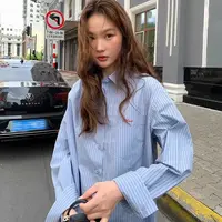 韩系撞色字母刺绣长袖衬衫女秋季薄款设计感小众条纹翻领上衣气质