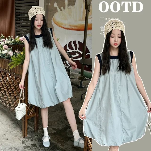 孕妇夏季无袖宽松显瘦圆领时尚花苞气质2025休闲设计感背心连衣裙