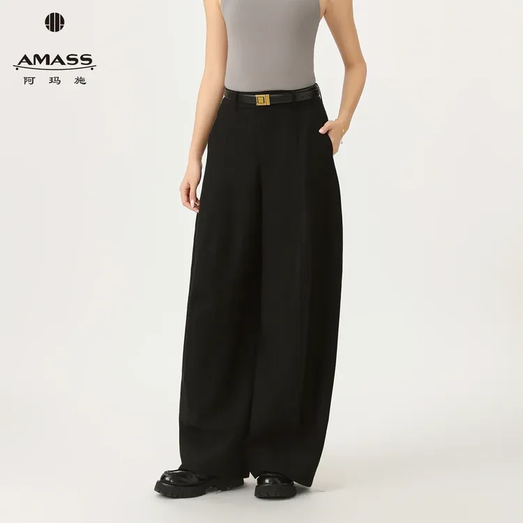 AMASS/阿玛施新款质感百搭时尚纯绵羊毛设计感宽松休闲裤女510025